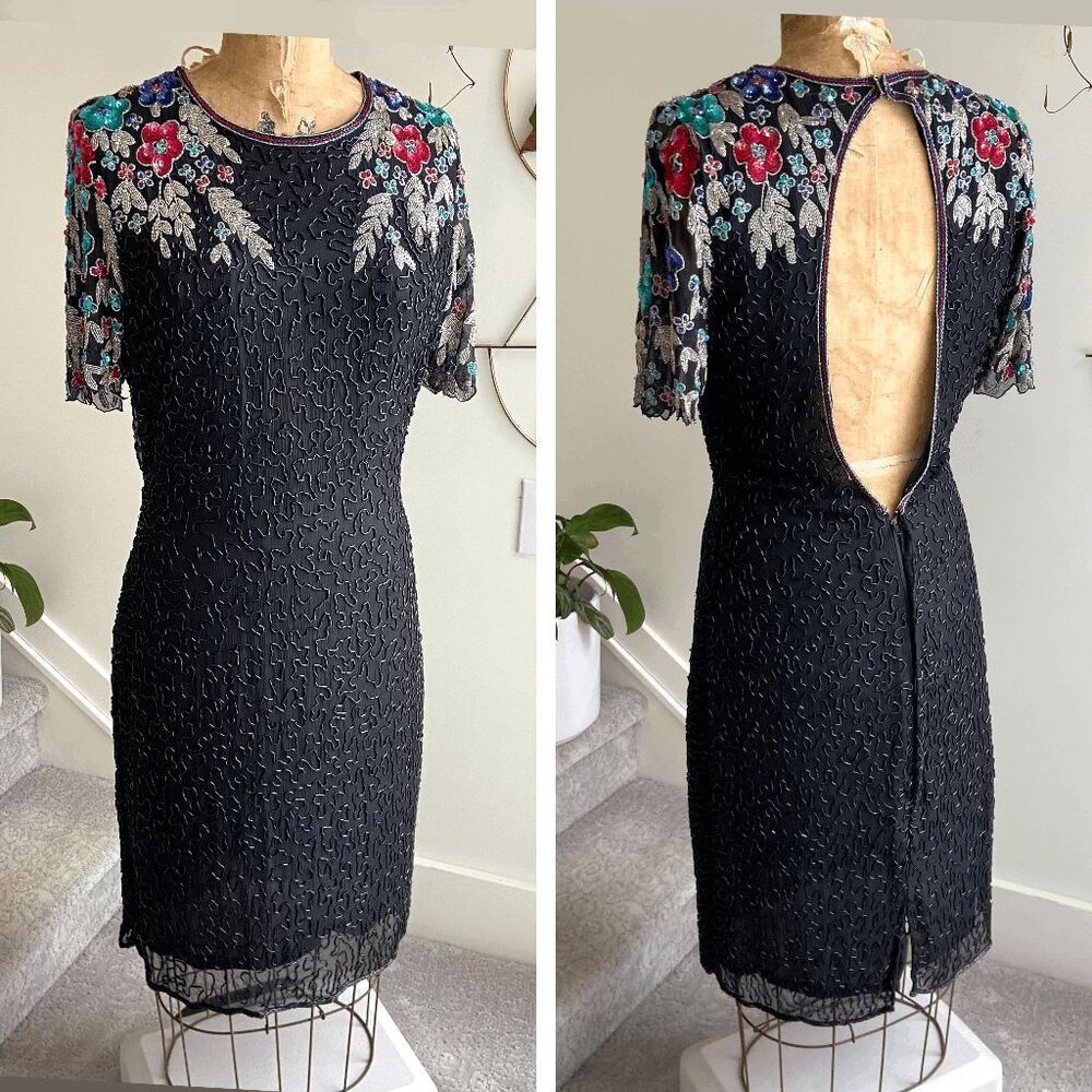 VTG Laurence Kazar 100% Silk Beaded Sequin Embellished Cocktail Party Dress - M
